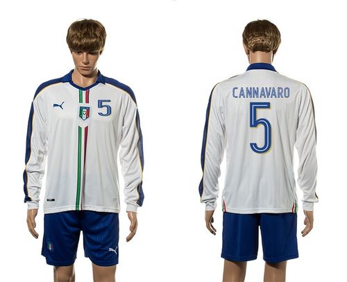 Italy #5 Cannavaro White Away Long Sleeves Soccer Country Jersey - Click Image to Close